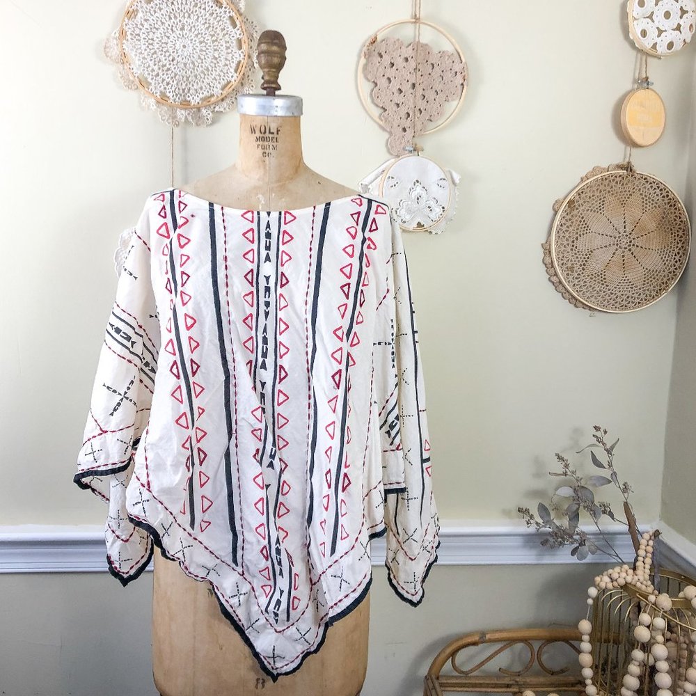 SOLD Artisan Cotton Mud Cloth Embroidered Poncho - Picture 1 of 6